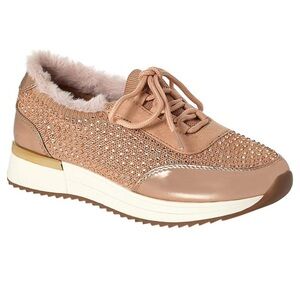 Kenneth Cole Reaction Cari Cozy Rose Gold Rhinestone Sneakers Faux Fur Glam 7.5M